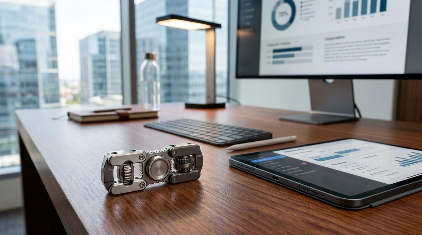An executive-grade silent fidget tool on a professional office desk representing modern workplace focus strategies.