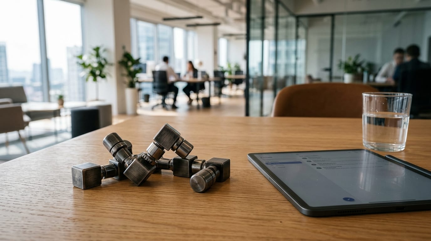 A premium modular metal sensory tool on a modern office desk representing executive corporate wellness programs.