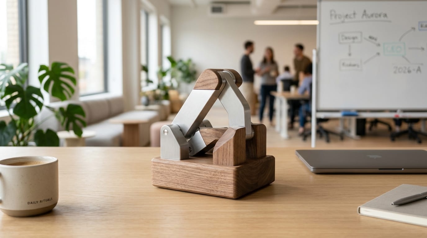 A sophisticated, professional-grade sensory desk object used for fidgeting to maintain focus in a modern corporate office.