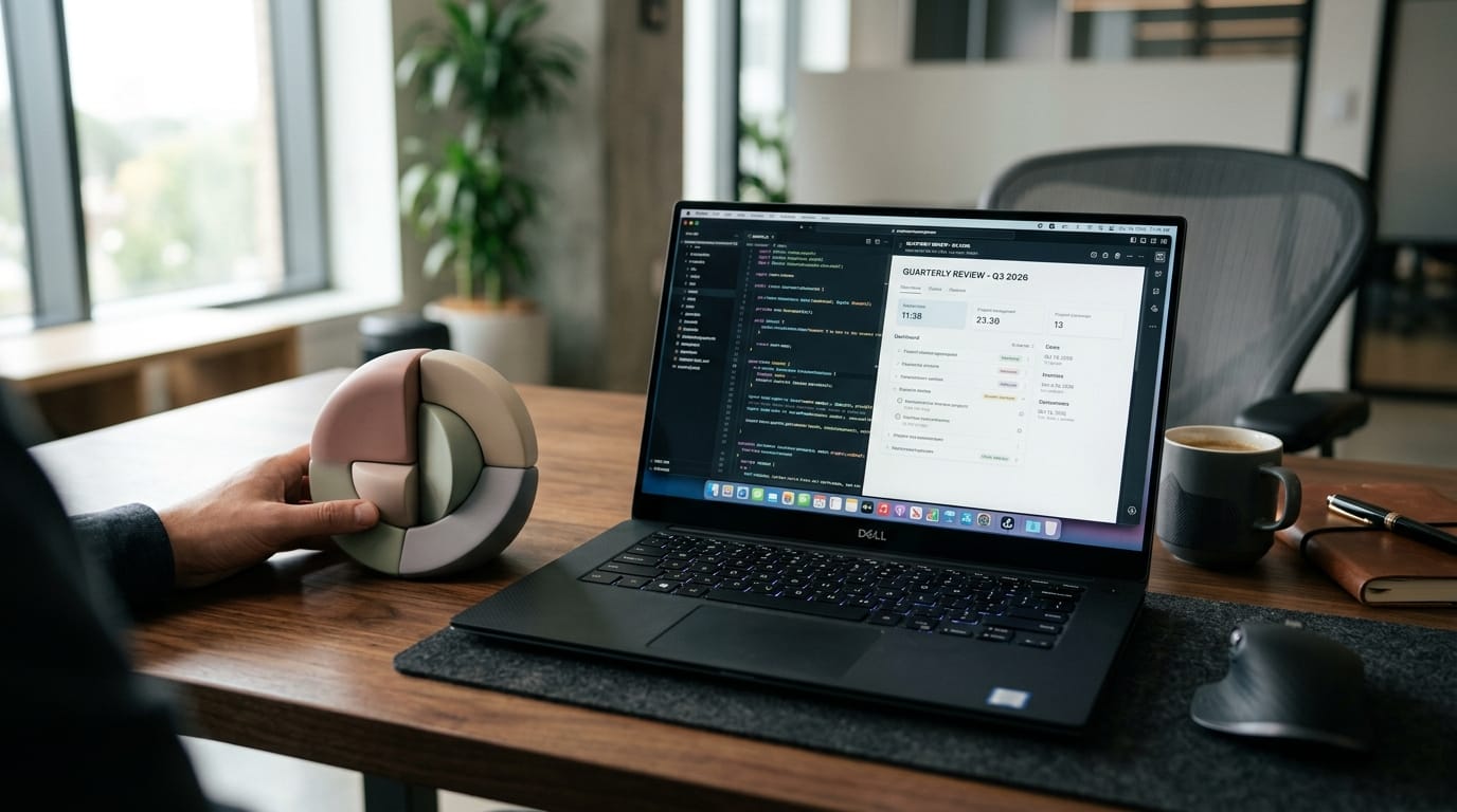 A professional desk setup featuring high-end, aesthetic sensory toys designed for adult focus and stress management.