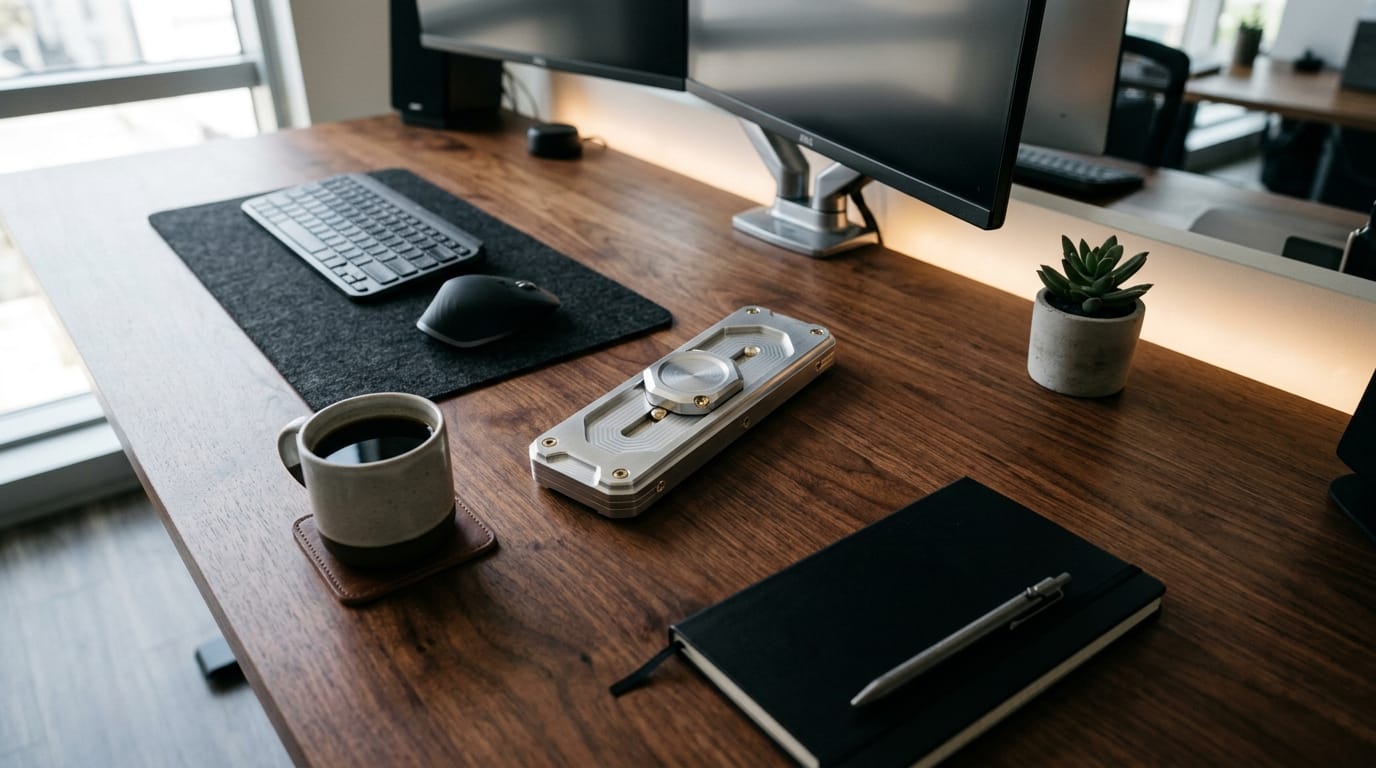 A premium metal sensory fidget tool on a professional desk, representing modern office focus and stress management solutions.