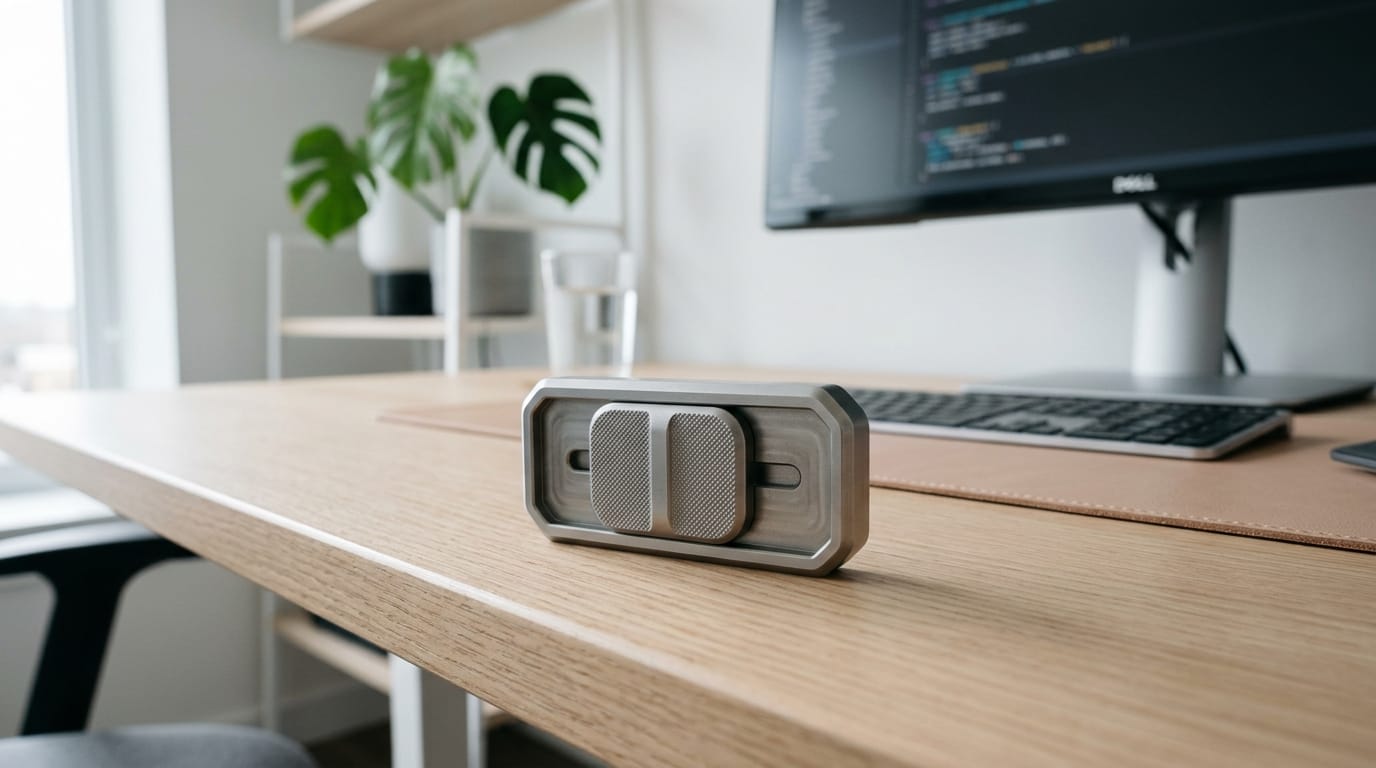A sleek, premium metal fidget slider tool for focus resting on a professional workspace, reflecting the 2026 trend of discreet adult sensory aids.
