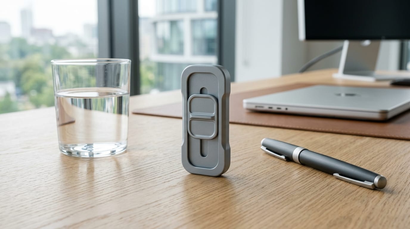 A premium, silent metal fidget slider resting on a modern office desk as a discreet professional stress-relief tool.