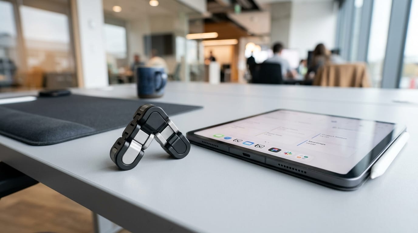 A sophisticated, professional fidget tool on a desk, representing modern habit substitution techniques for stress and anxiety.