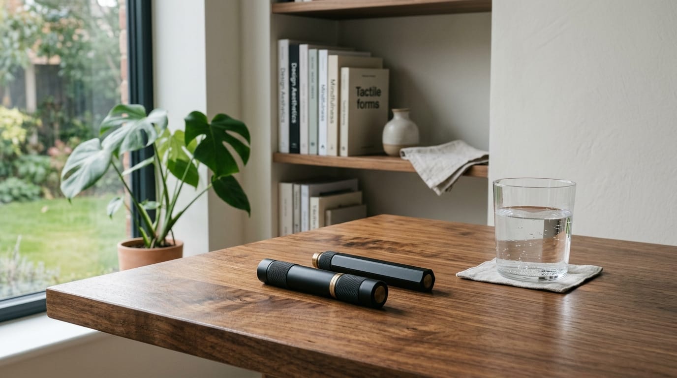 A sleek, screen-free magnetic tactile fidget tool on a wooden desk, representing modern adult stress management and decompression.