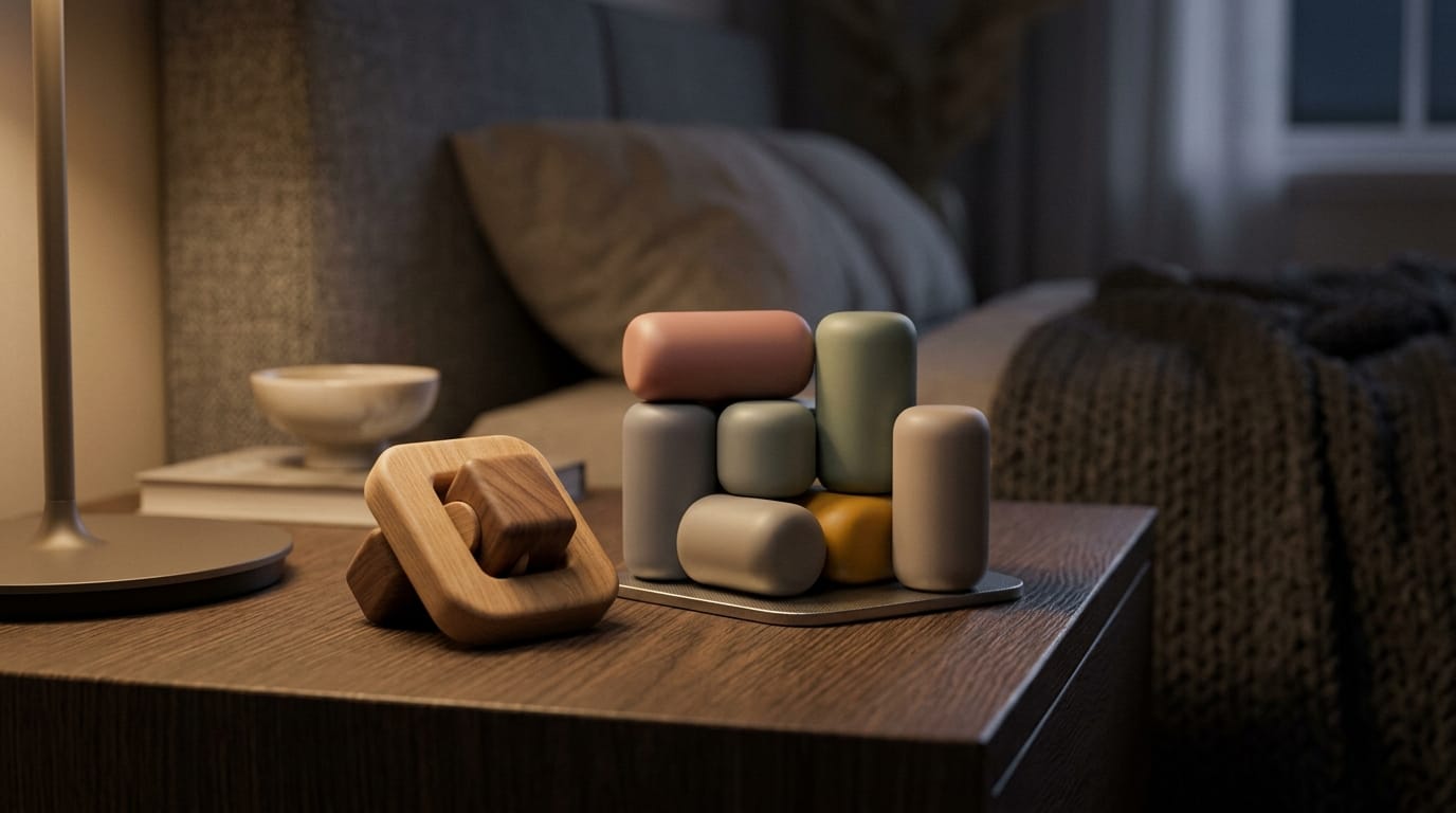 Sophisticated adult fidget toys and sensory tools arranged on a modern nightstand for evening stress management.
