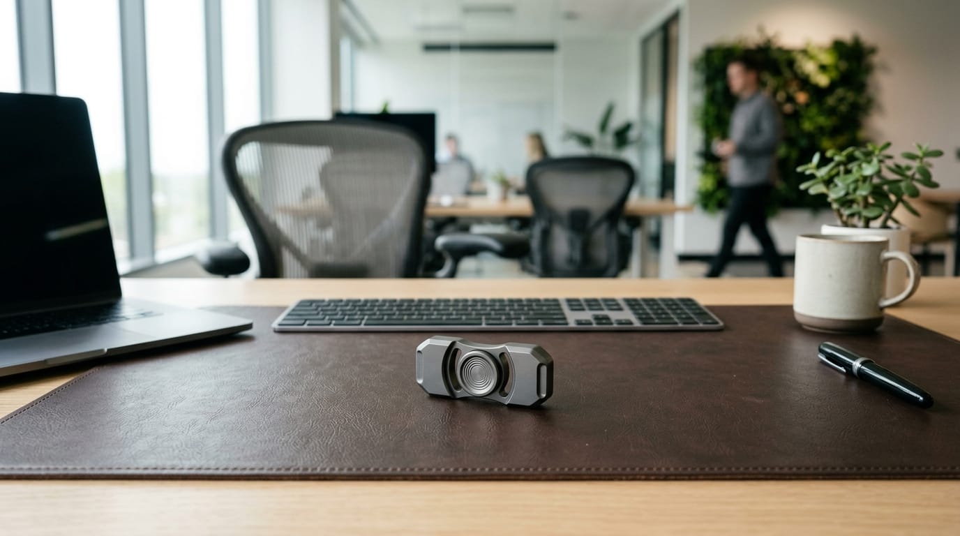 A premium, professional metal fidget tool designed for adult stress relief on a clean office desk.