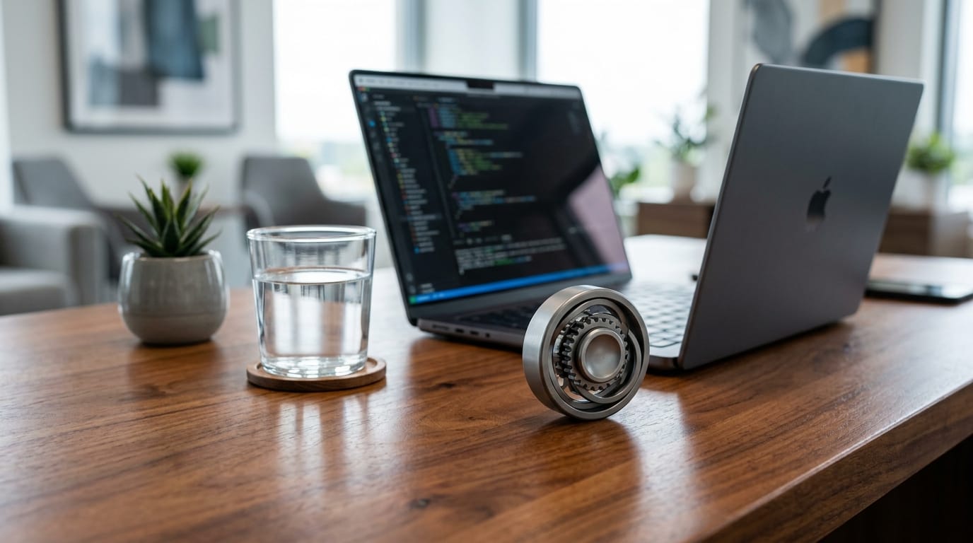 A sophisticated, professional-grade metal sensory fidget tool on an office desk, representing the shift away from plastic children's toys toward adult wellness accessories.