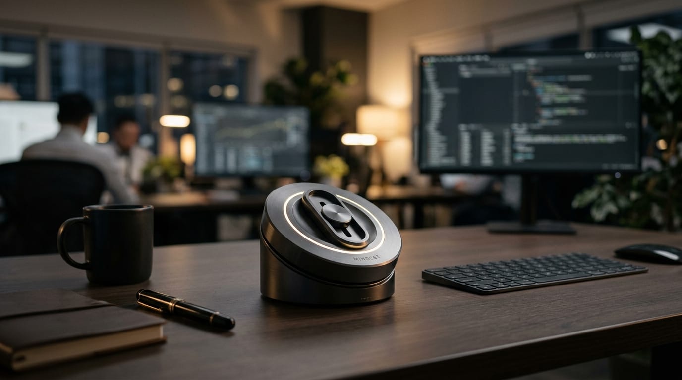 A professional desk setting featuring a high-quality adult sensory fidget tool used for stress relief during work hours.