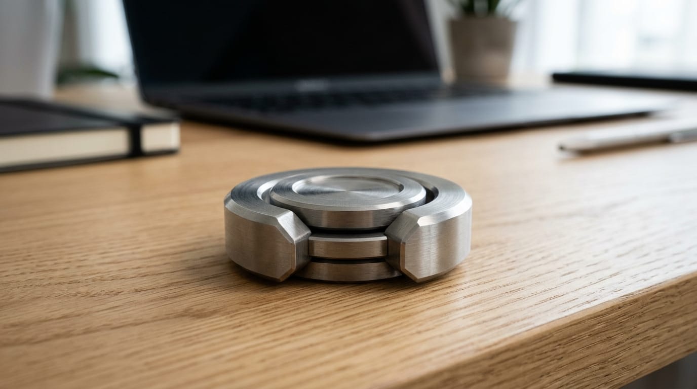 An elegant titanium magnetic fidget mechanism resting on a clean office desk, representing adult sensory satisfaction tools.