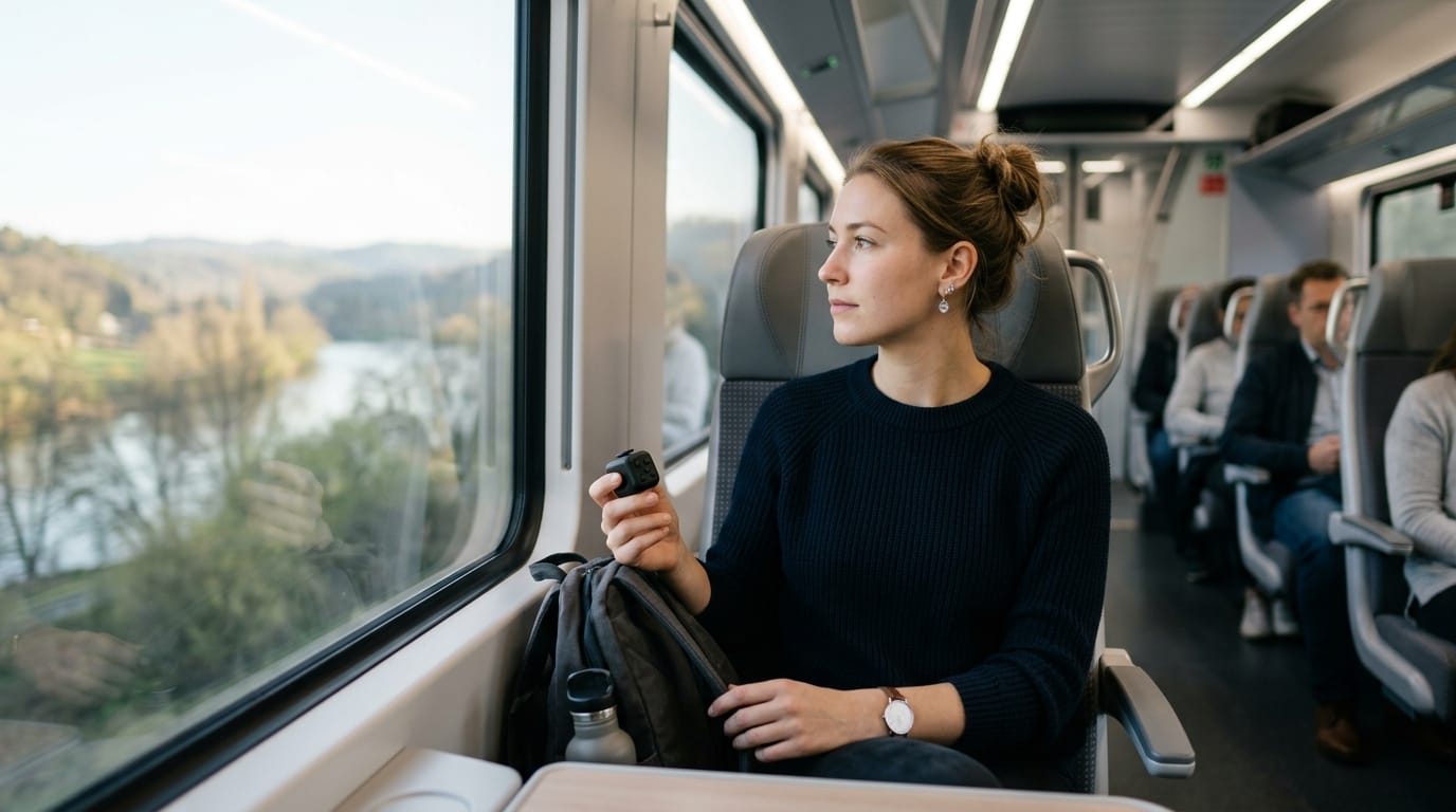 Professional adult commuter using a discreet sensory tool to manage stress and anxiety on a modern train.