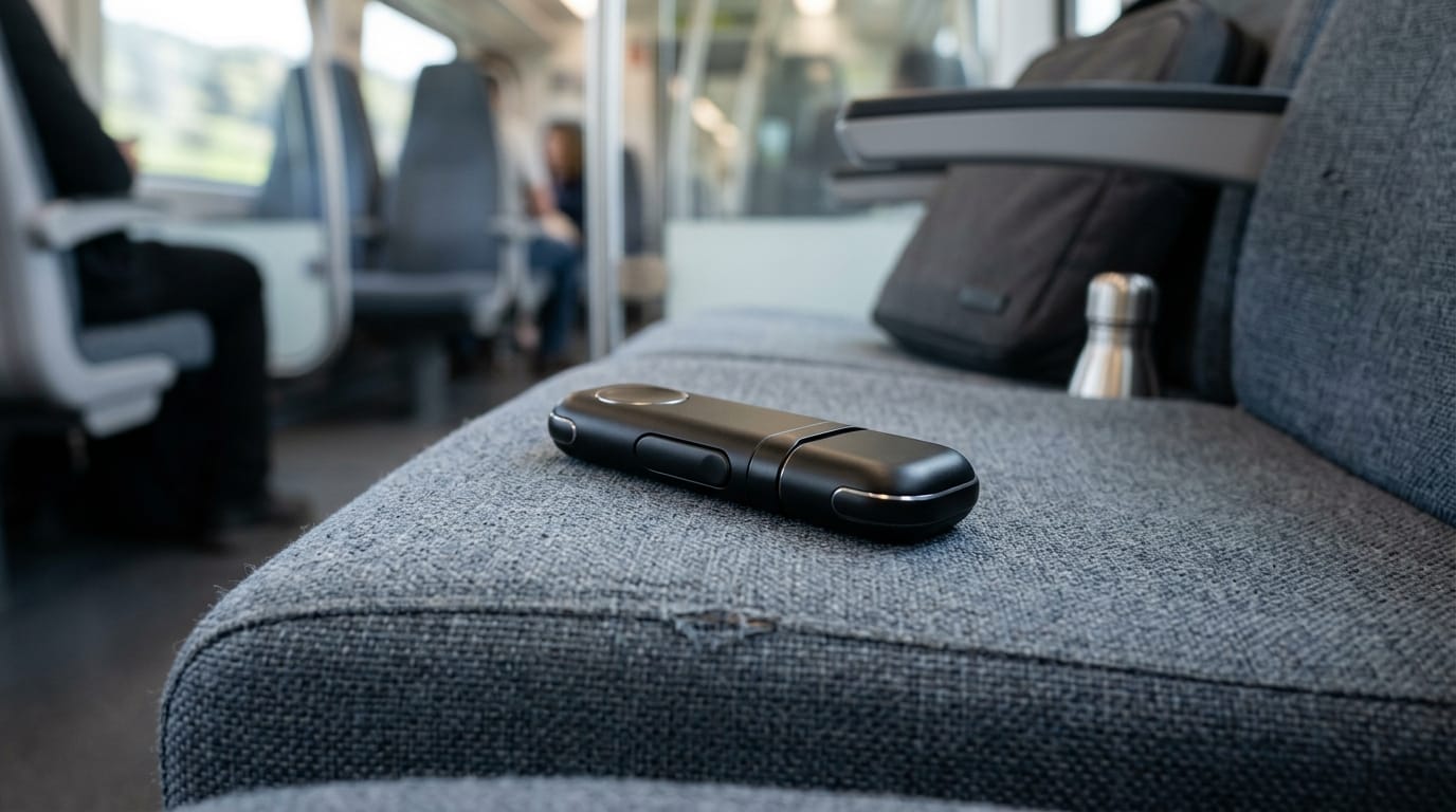 A discreet, high-end sensory tool designed for adult stress relief during a daily commute.