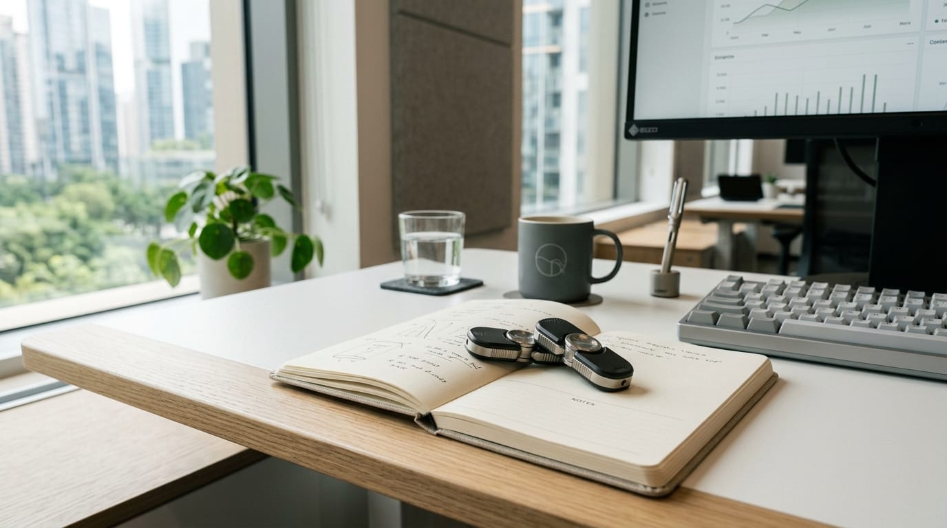 Sleek professional magnetic fidget tools on a modern office desk representing workplace wellness and focus enhancement.