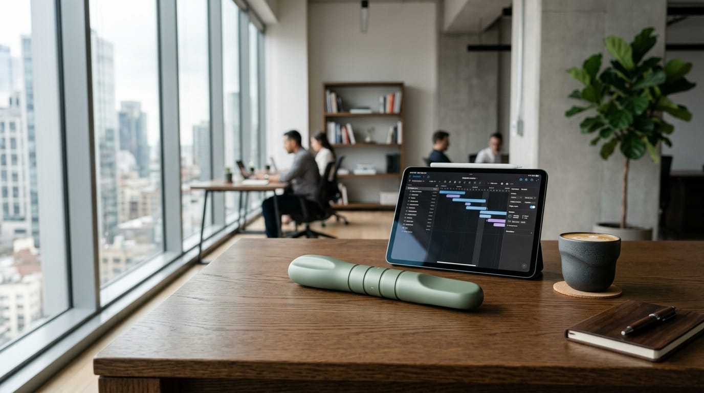 A discreet, minimalist professional sensory tool on a clean office desk, representing modern workplace productivity aids.