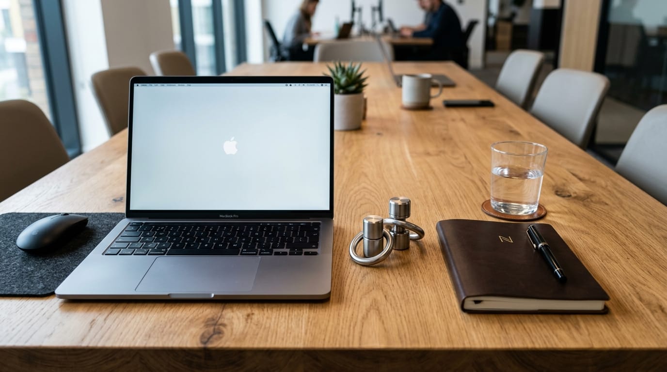 Professional desk setup featuring high-end magnetic fidget tools designed for stress management during corporate meetings.