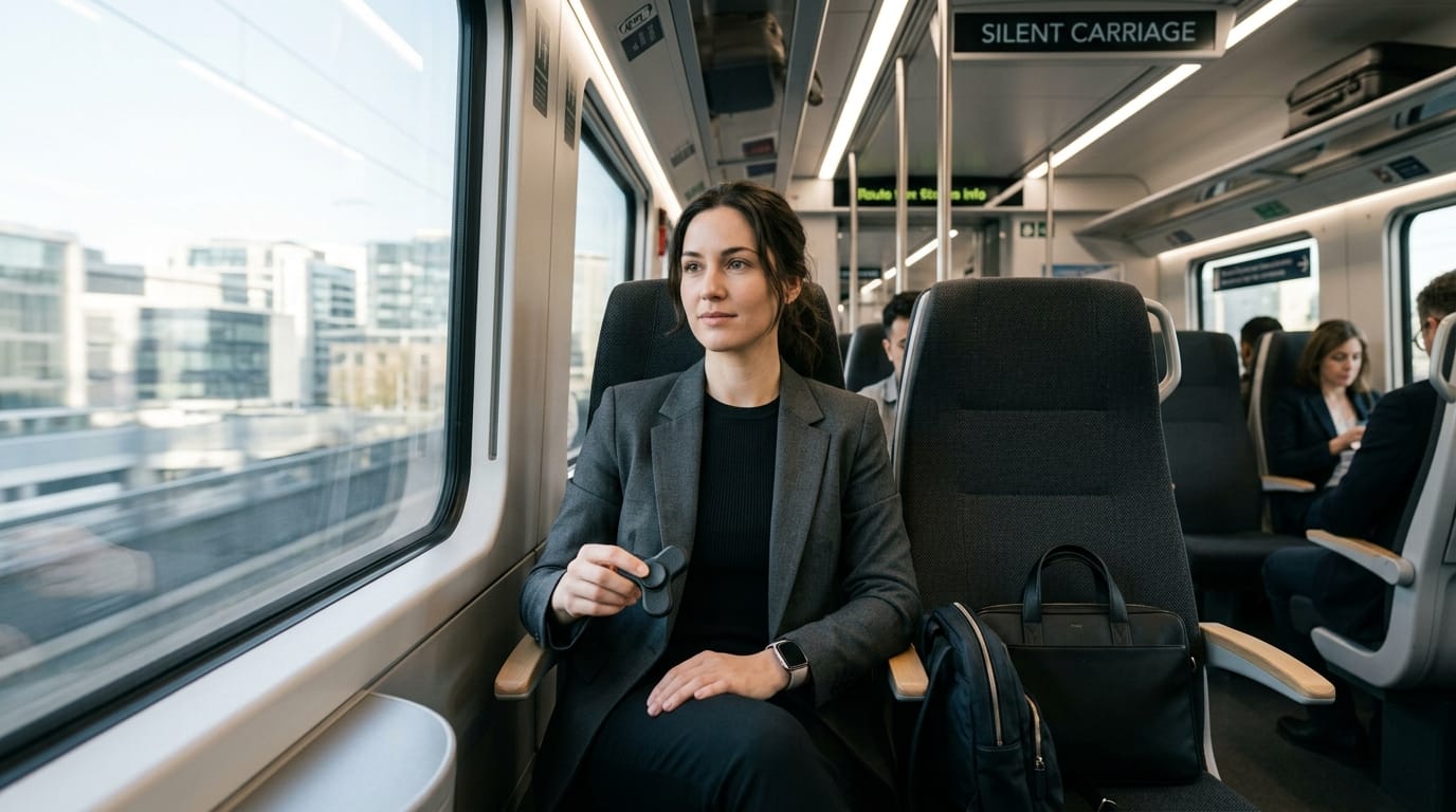 A professional using a discreet, high-quality sensory tool to manage stress during a daily public transit commute.