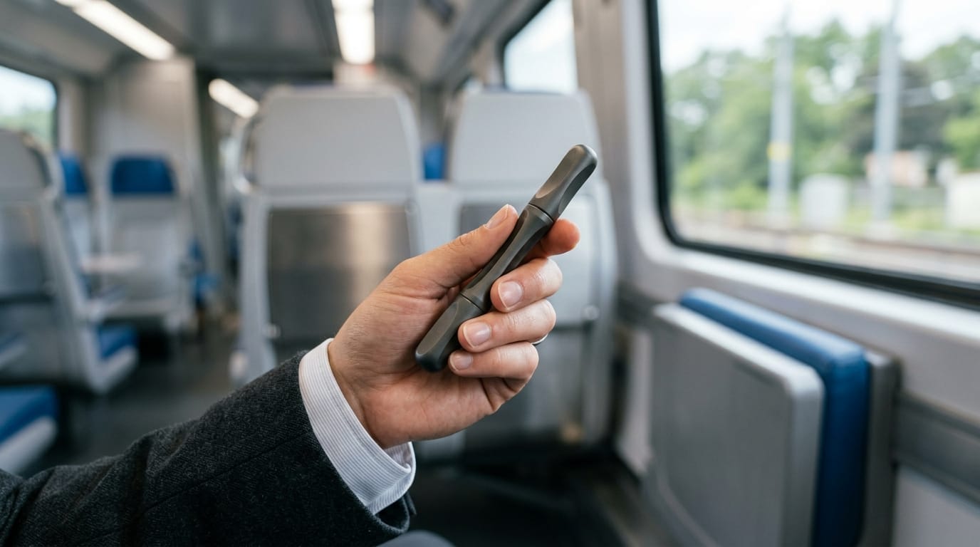 A person using a discreet, professional-grade sensory fidget tool on a quiet commuter train to manage travel anxiety.