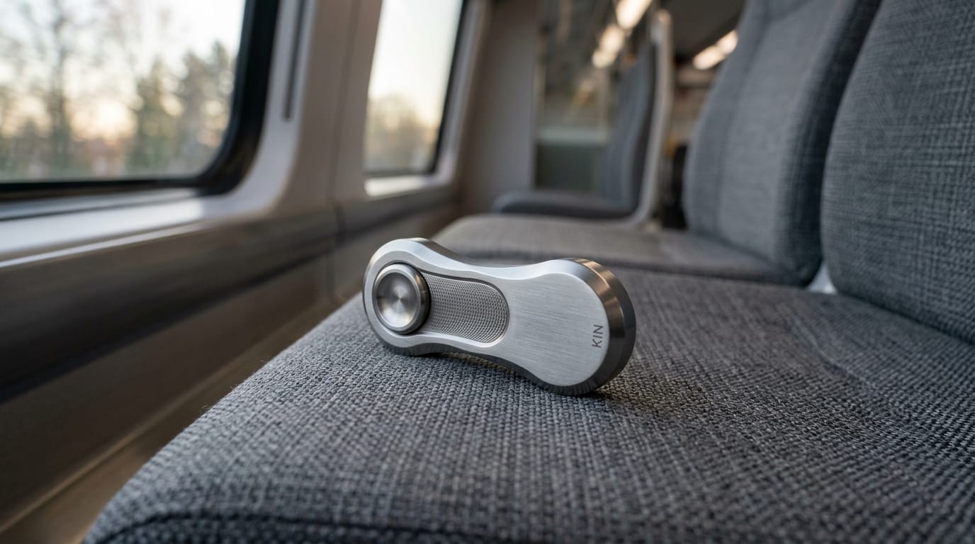 A sleek, professional pocket-sized sensory tool used for commute stress relief on public transit.