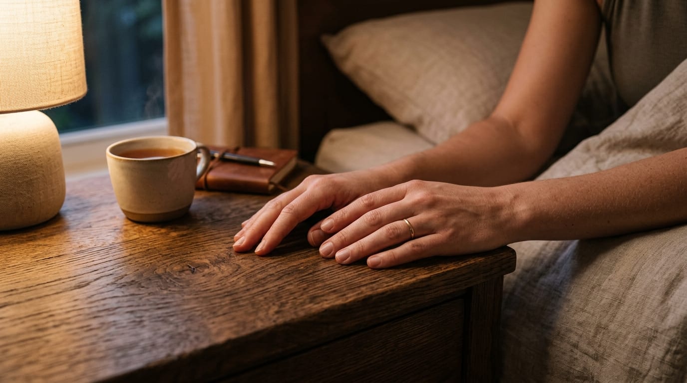 Close up of hands engaging in screen-free tactile relaxation for a better night's sleep in a modern bedroom.