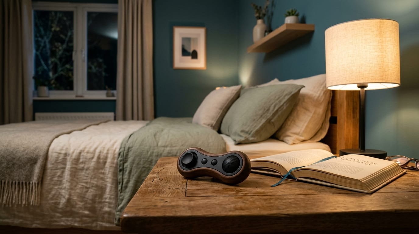 Minimalist sensory toy for adult sleep hygiene and stress relief on a bedside table in a dimly lit, screen-free bedroom.