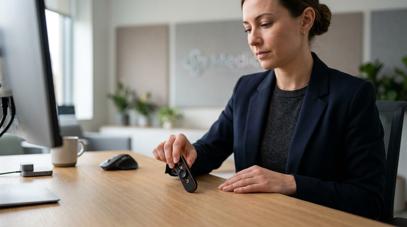 An adult professional using a high-quality tactile sensory tool to help stop nail biting in a clinical office setting.