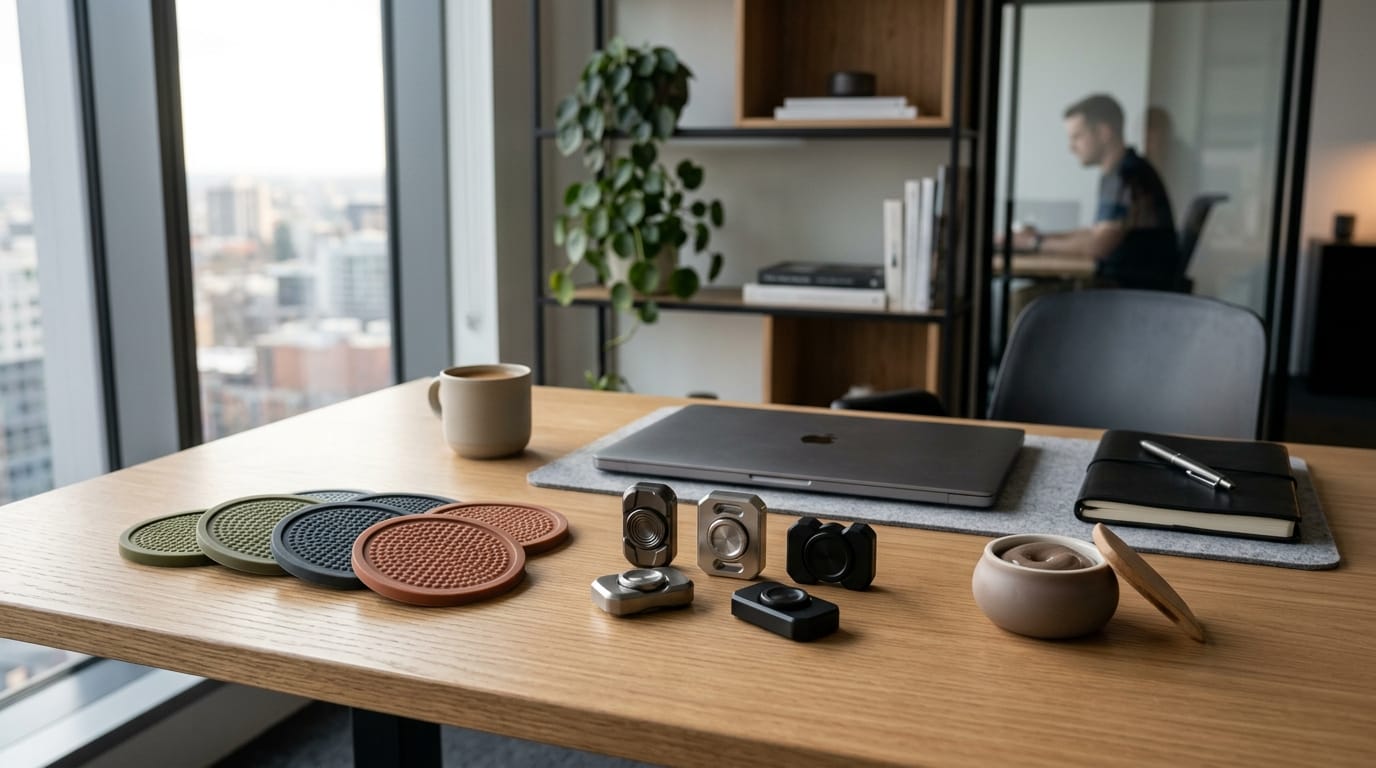 Professional adult-focused sensory tools and silent fidget toys arranged on a modern desk for stress management.