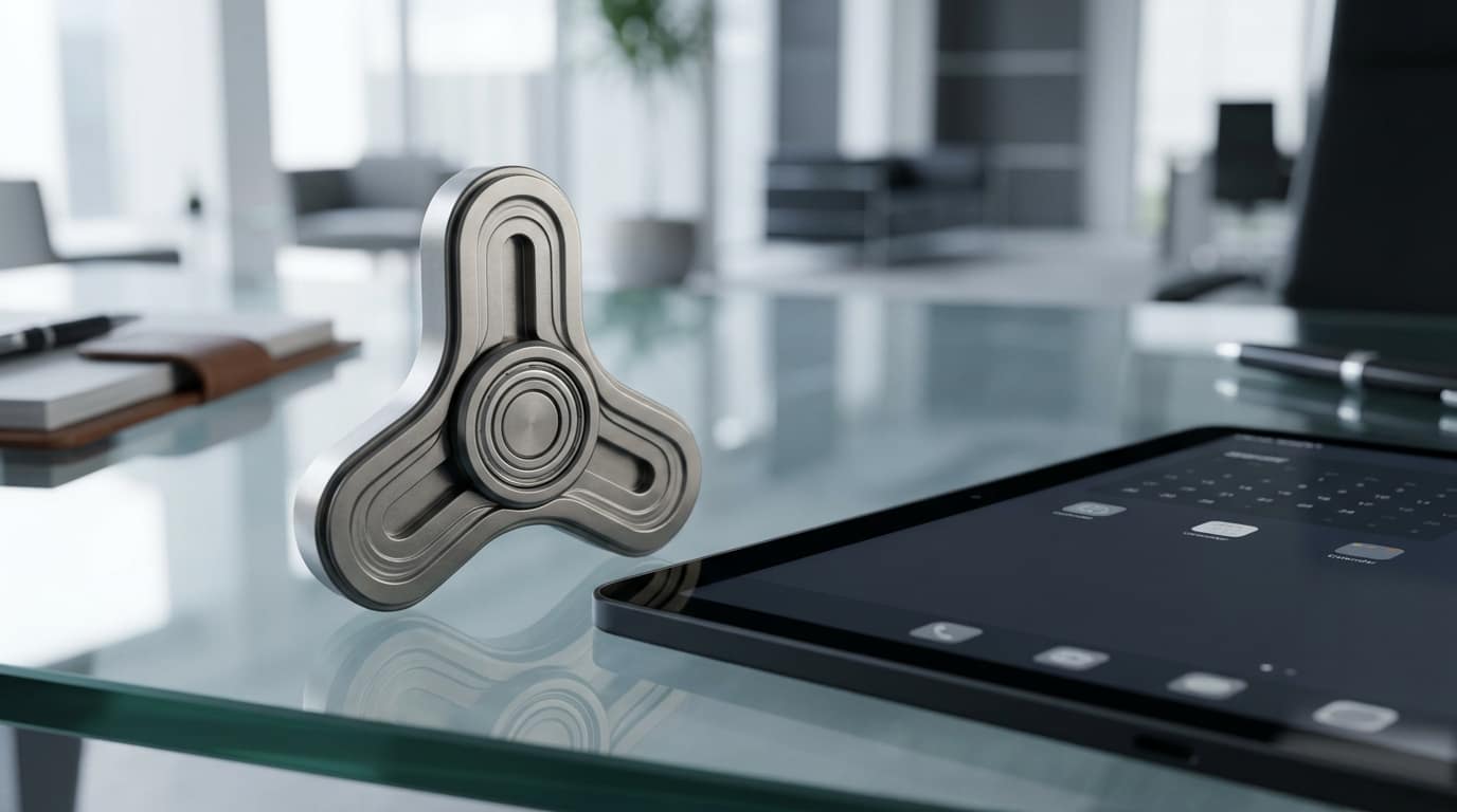 A sophisticated professional fidget tool used for regulating the default mode network and maintaining cognitive focus in a modern office.
