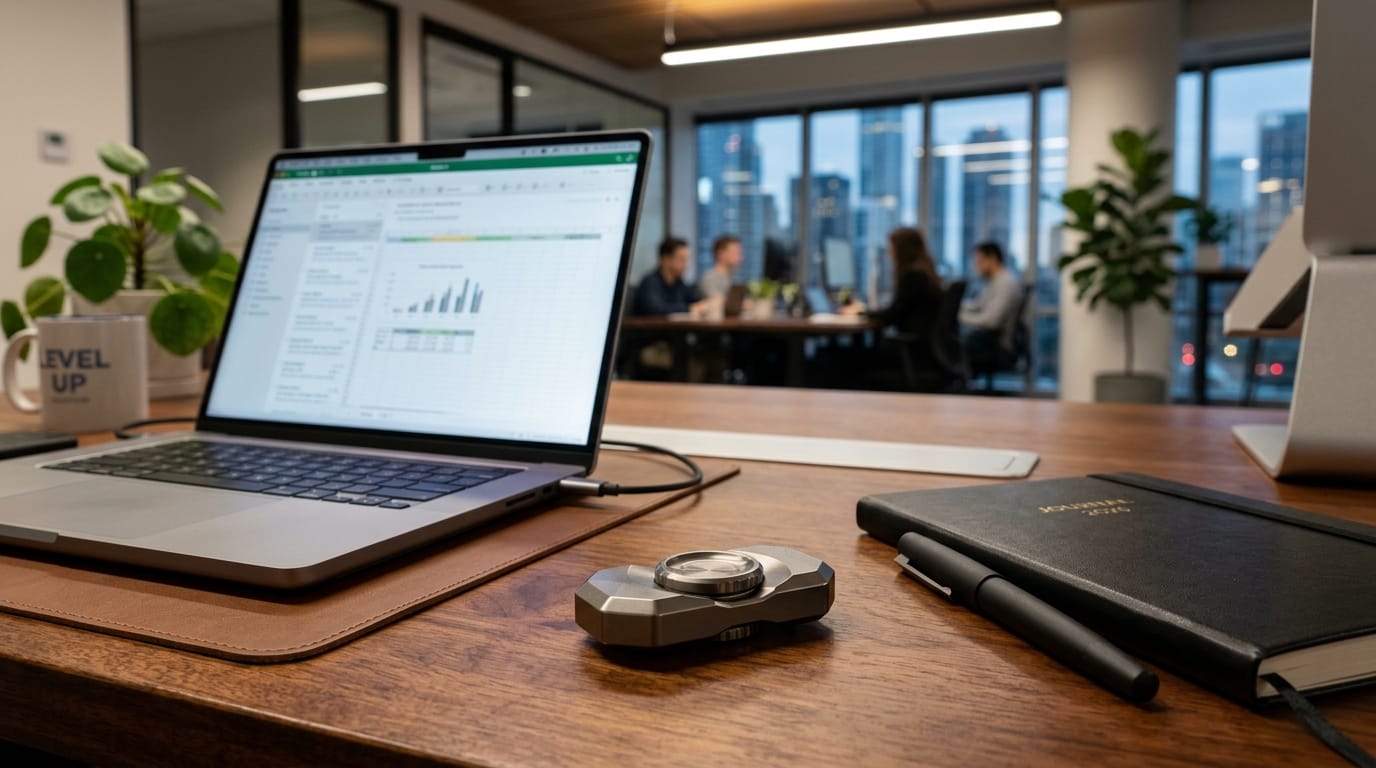 A professional desk setup featuring a high-end sensory tool designed for adult focus and productivity.