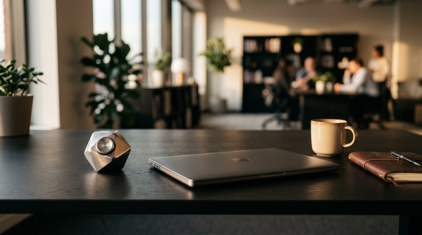 A discreet and silent professional fidget tool on a modern office desk used for focus and deep work.