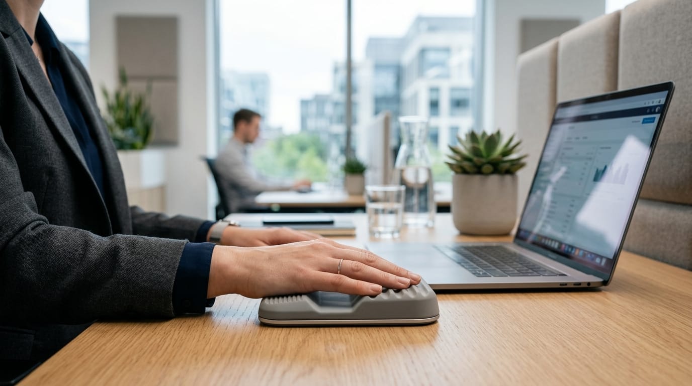 A professional desk setting featuring a minimalist tactile tool for sensory micro-breaks to improve focus.
