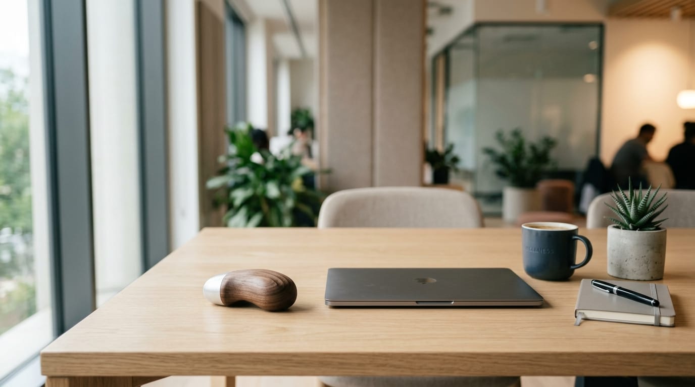 A professional desk setup featuring a modern tactile stress-relief tool for enhancing cognitive focus during a micro-break.