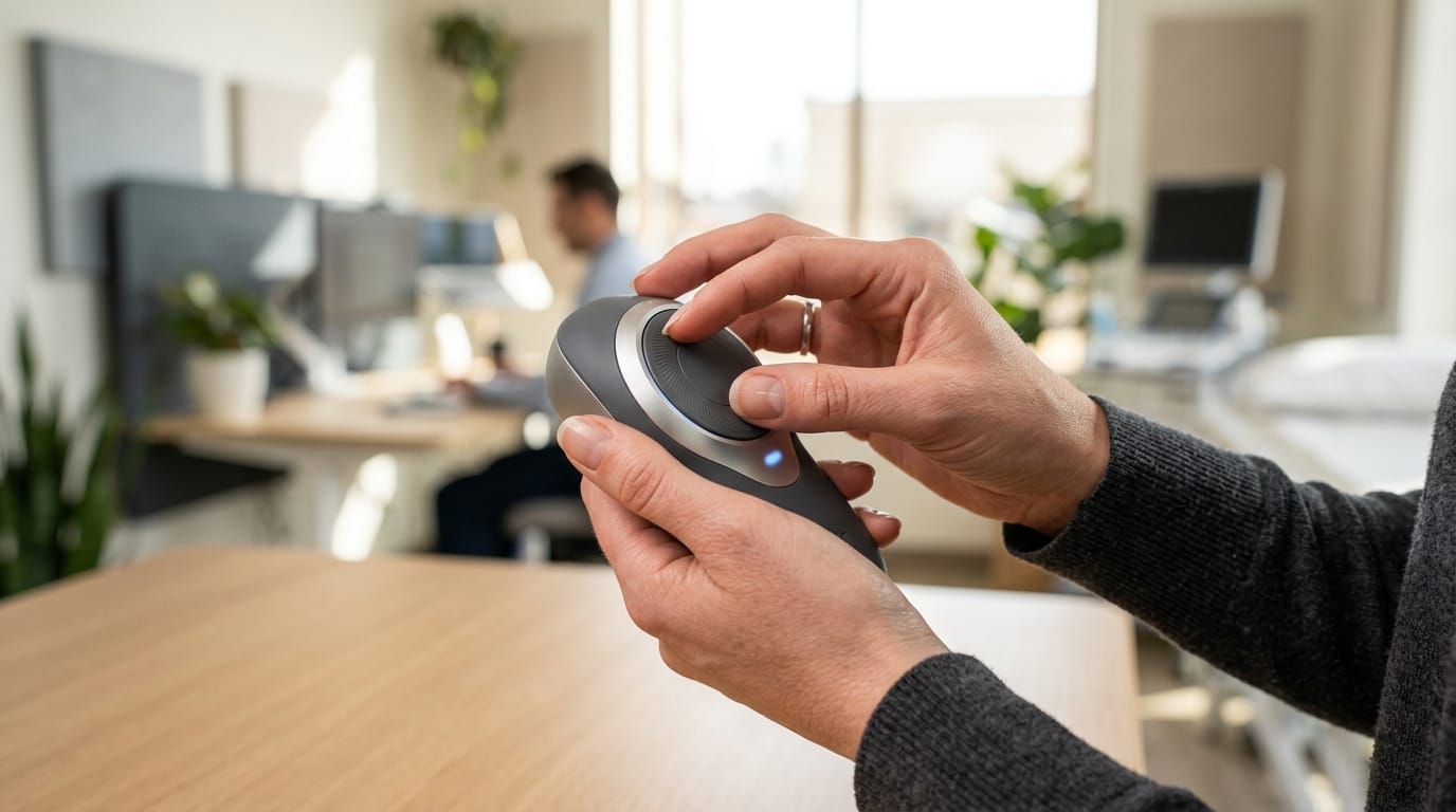 A person using a professional sensory tool as a strategy for habit replacement and anxiety management in a modern office.