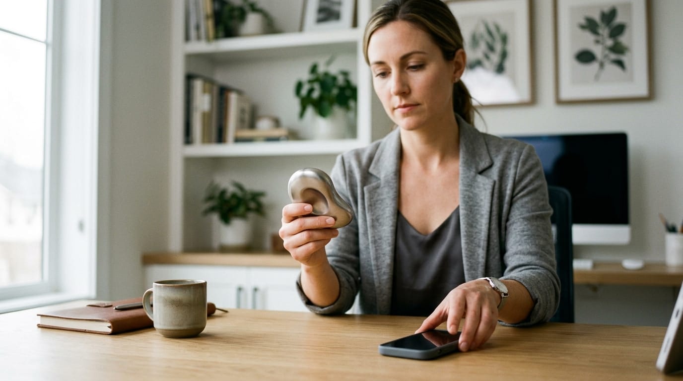 A professional engaging in a screen-free wind-down with a high-quality, minimalist sensory tool to reduce digital fatigue.