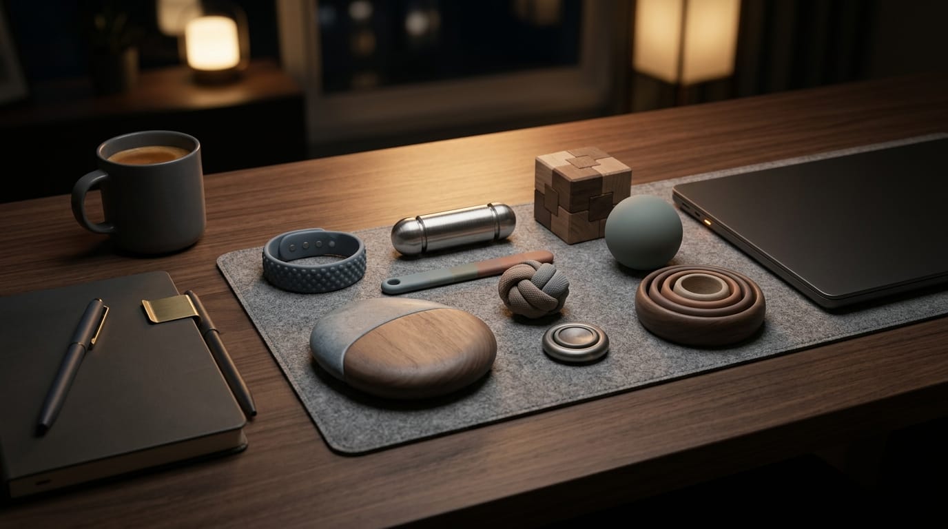 Sophisticated sensory tools for adults designed for vagus nerve regulation and evening grounding in a minimalist home office setting