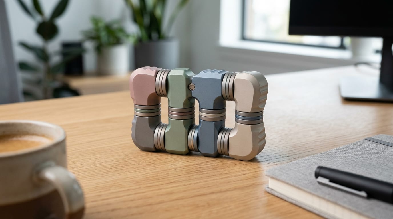Close-up of a modular magnetic fidget toy providing tactile and auditory sensory feedback on a modern desk.