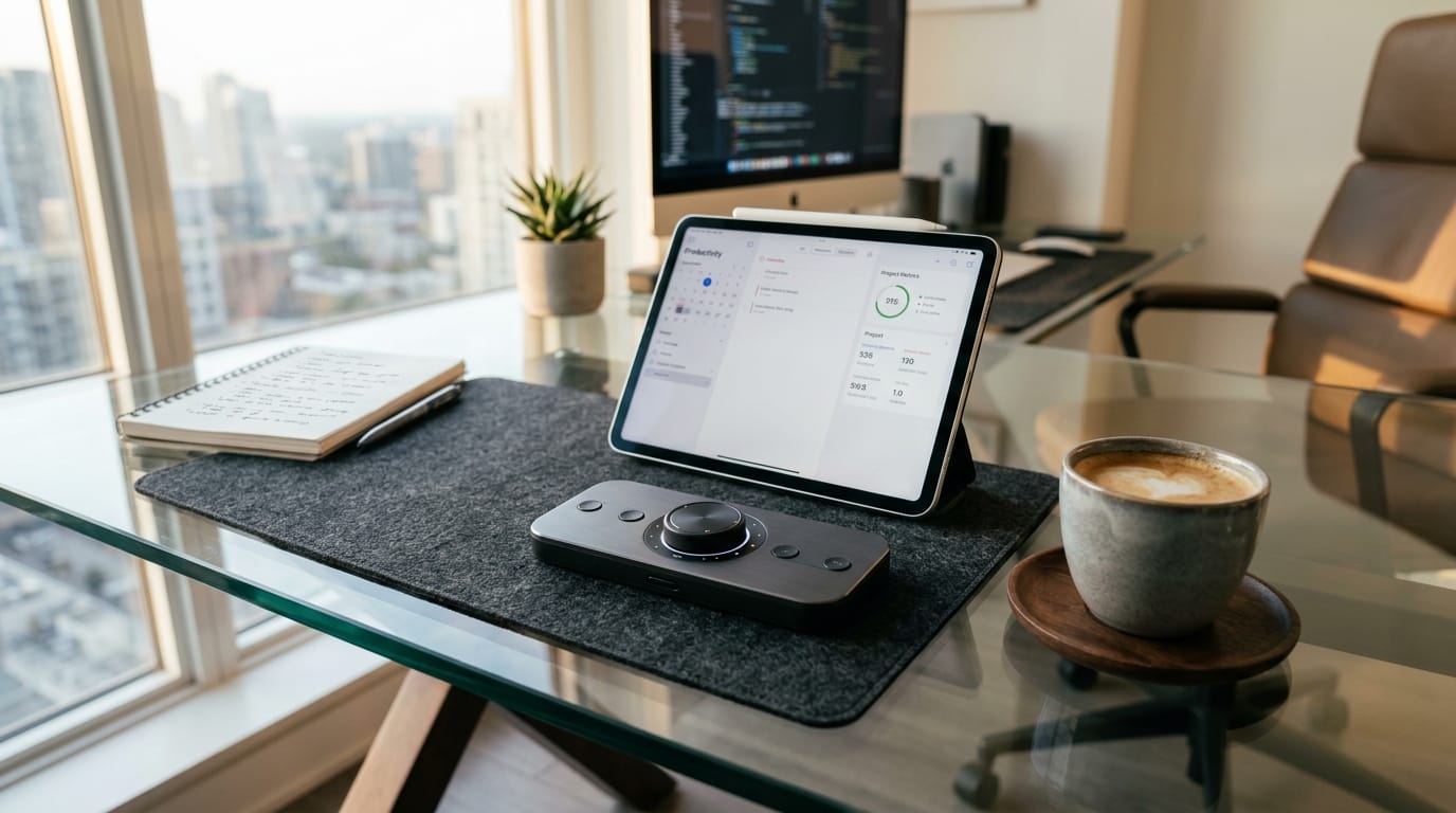 Modern professional workspace with a haptic fidget tool, illustrating why do I fidget and how sensory wellness aids focus.