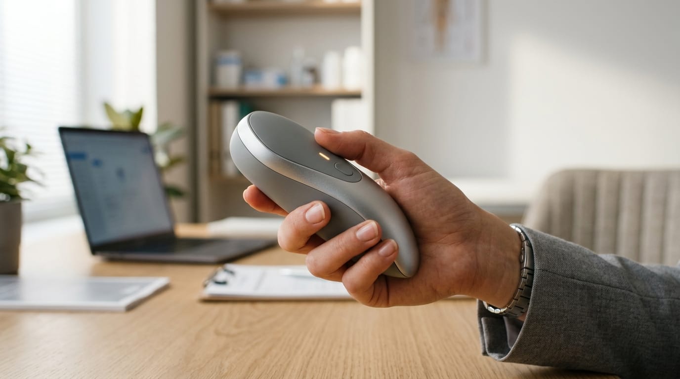 Professional holding a sophisticated sensory fidget tool designed for adult stress relief and focus.