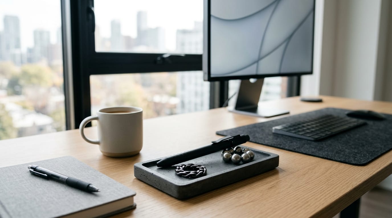 A professional desk workspace featuring modern sensory tools used to manage onychophagia and workplace stress.