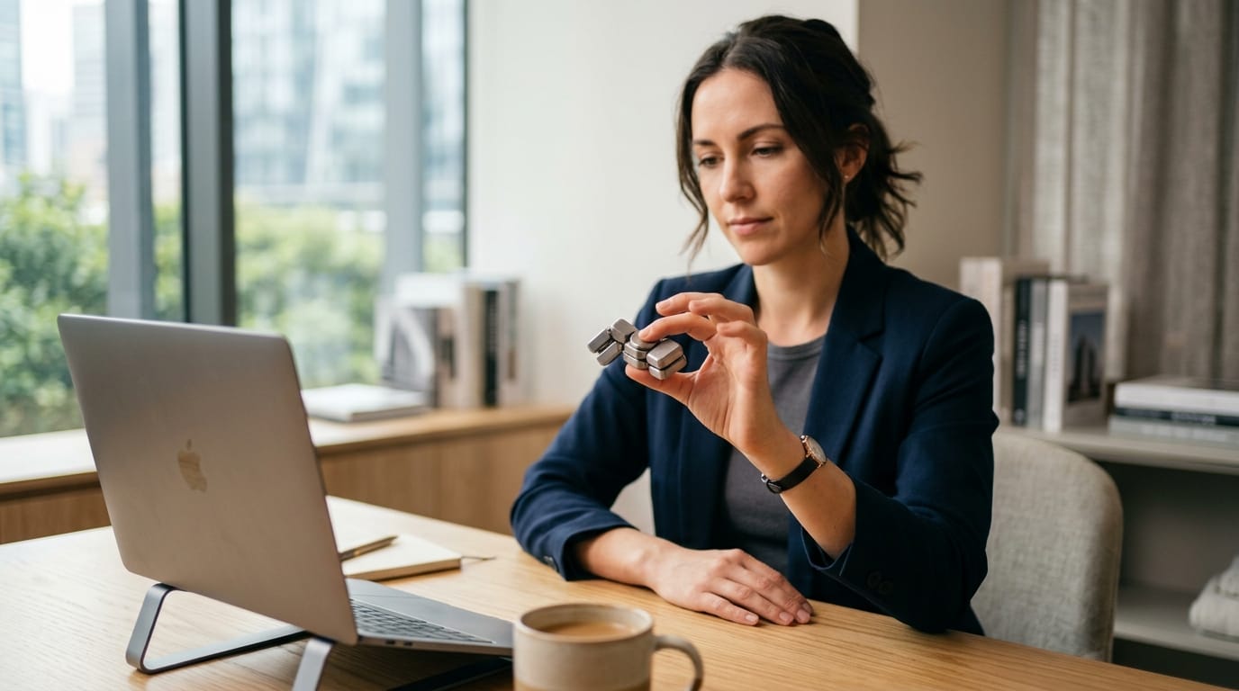 Professional adult using a sleek, modern magnetic fidget toy to regulate focus in an office setting.