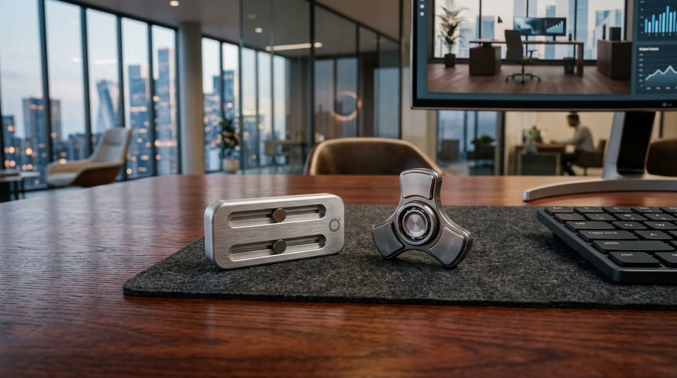 A premium, professional-grade aesthetic metal desk toy sitting on a clean, modern corporate office desk.