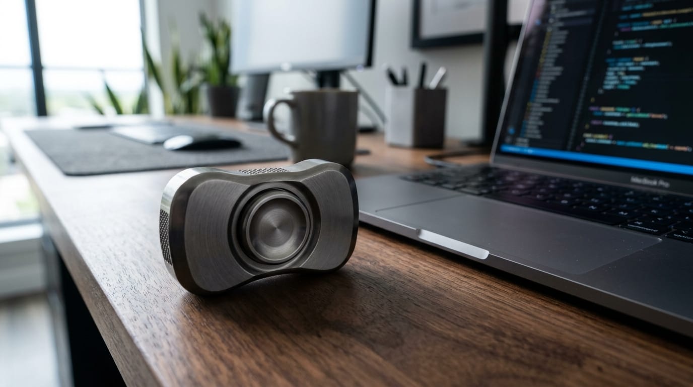 A professional, premium metal fidget tool on an executive desk representing modern, minimalist sensory regulation for the workplace.