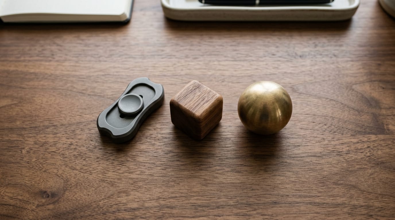 Premium sensory tools for adults featuring minimalist metal and wood designs on a professional office desk