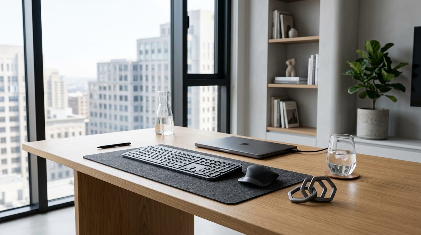 A sleek, modern desk accessory used for focus and stress relief in a 2026 professional office environment.