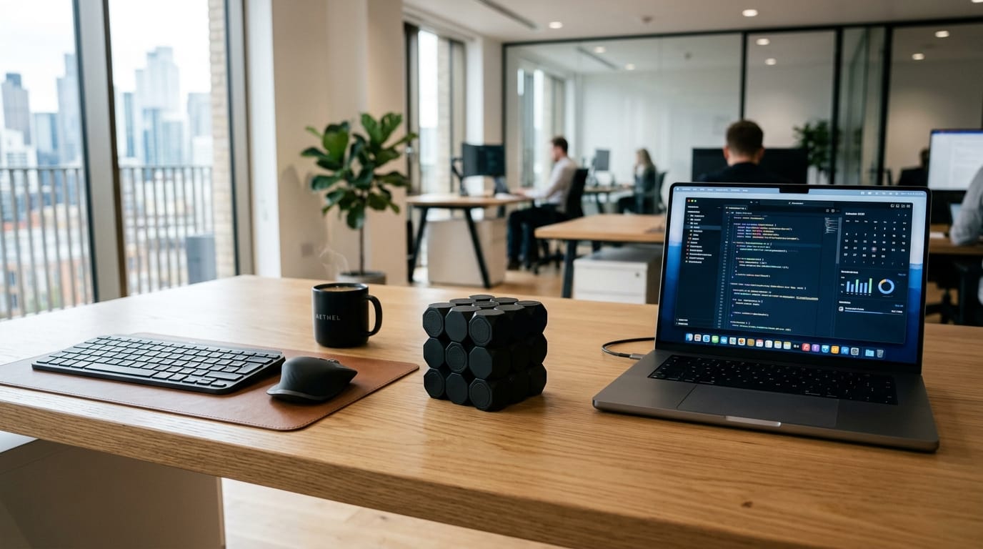 A professional office desk featuring a sleek, modern fidget toy designed for adult focus and stress relief.