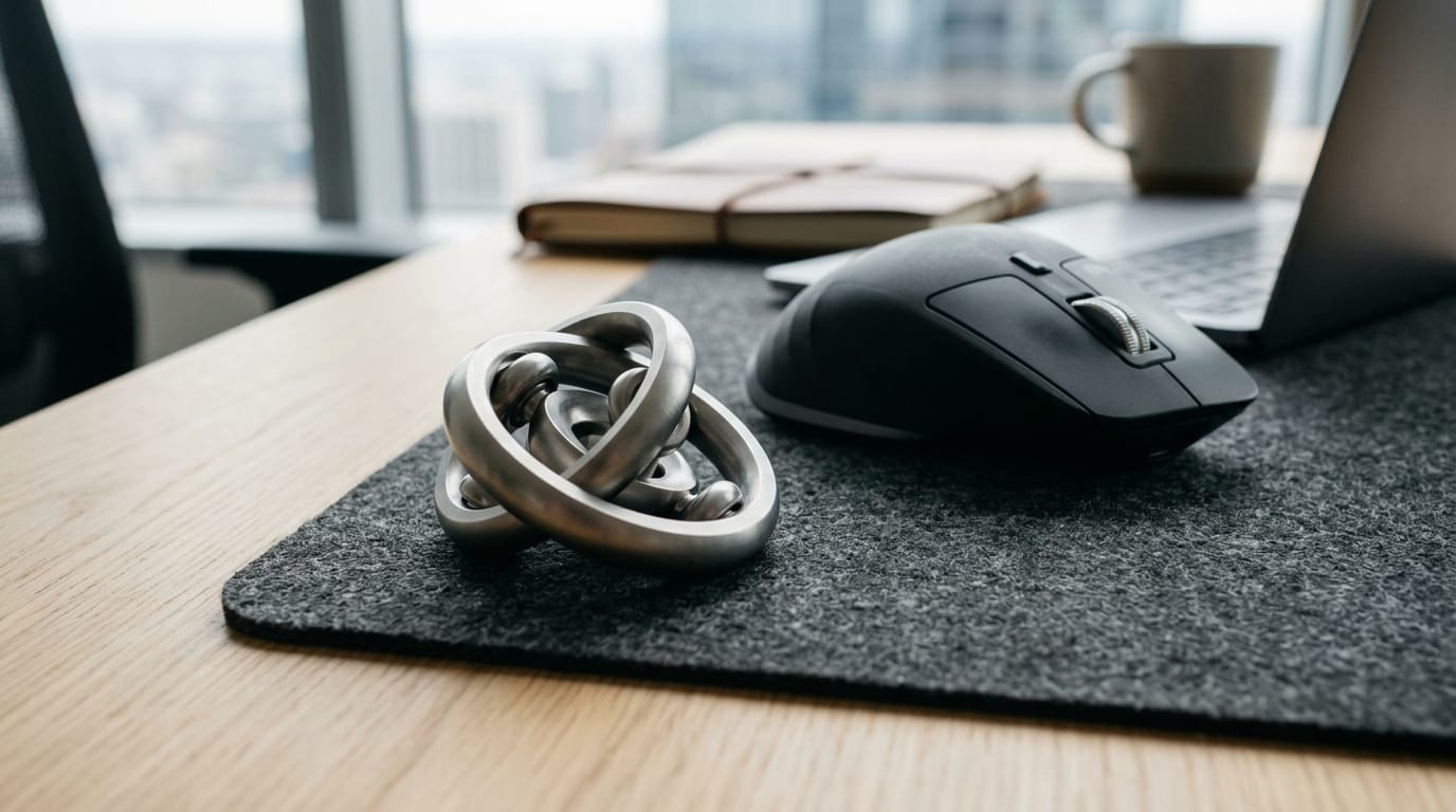 A professional sensory anchoring tool on a modern office desk representing productivity and focus.
