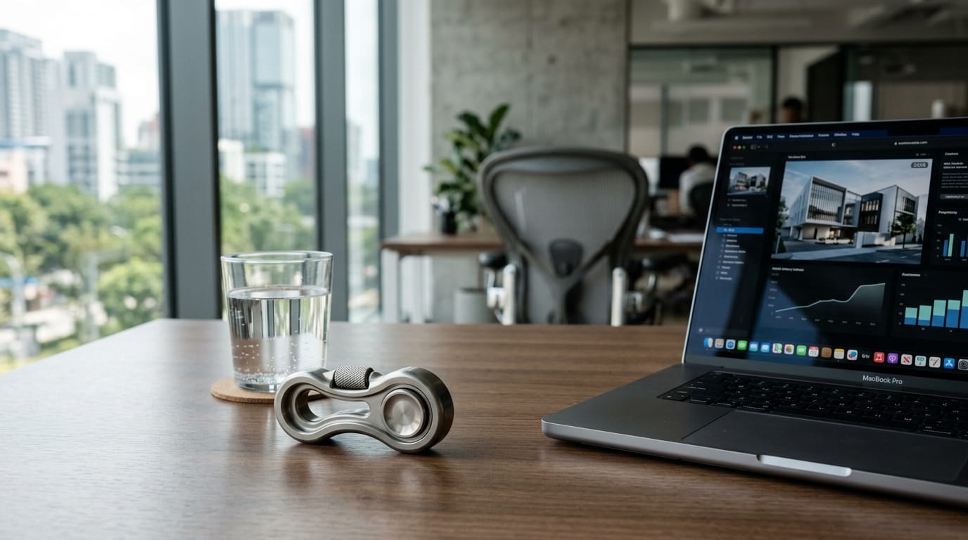 Professional adult fidget toy on a sleek office desk, representing modern sensory regulation tools for corporate professionals.