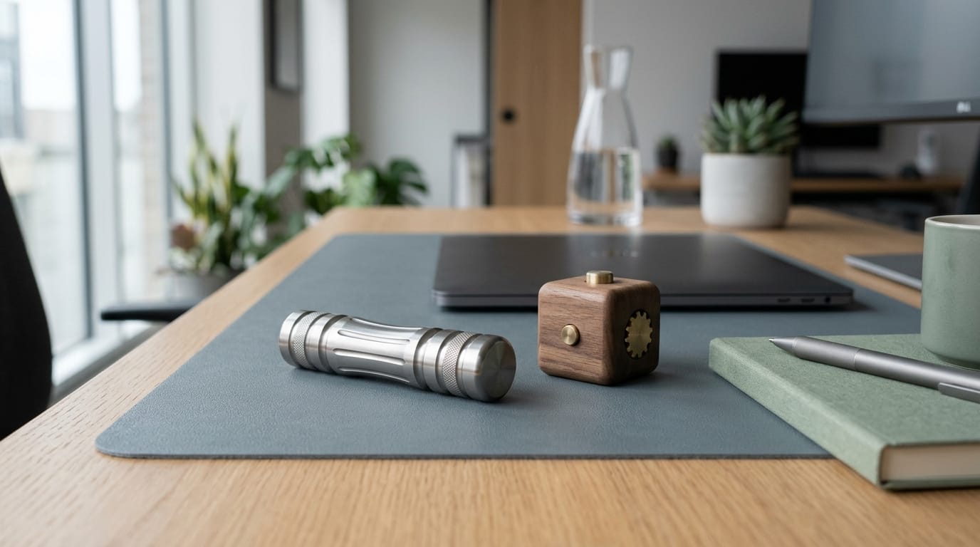 Premium titanium and wood sensory fidget tools designed for professional office environments, featuring muted Morandi color palettes.