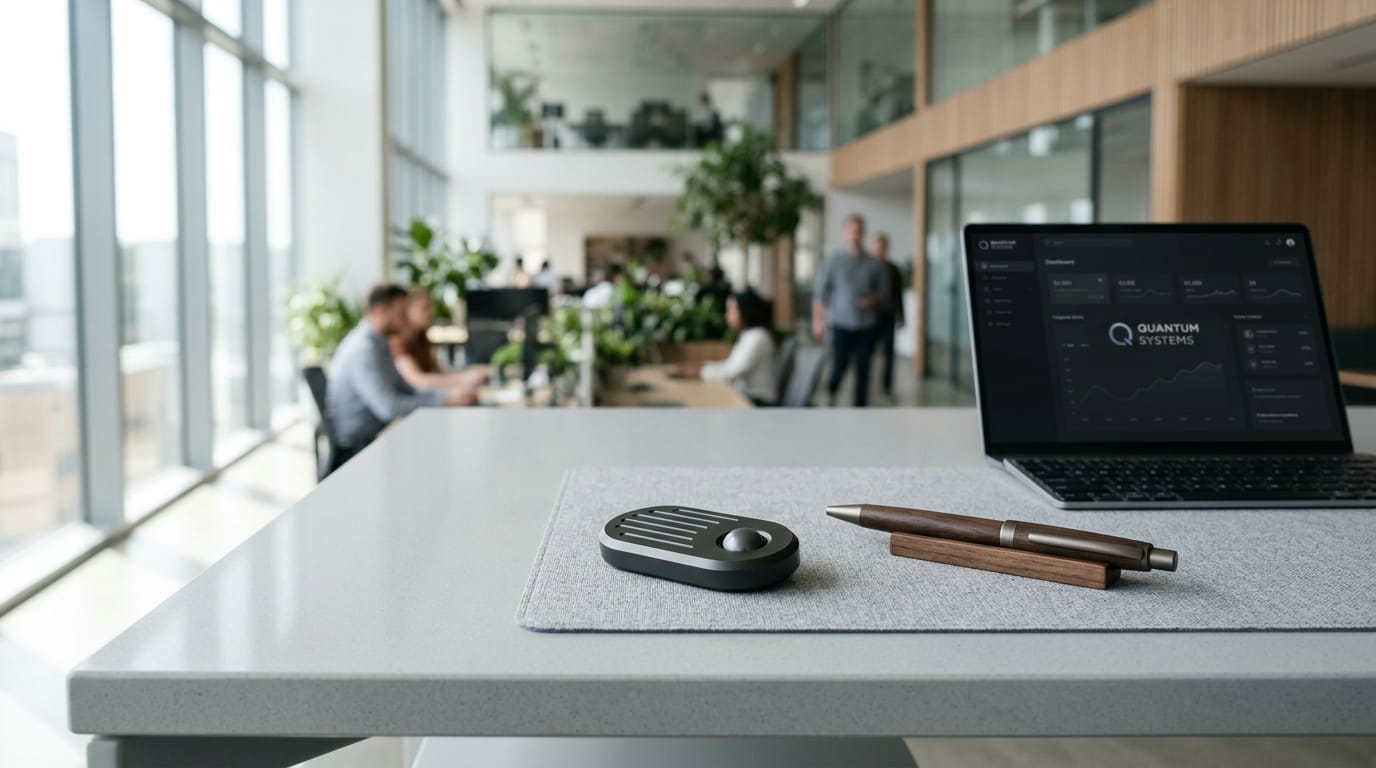 Professional desk setup with discreet, high-end aluminum and wood fidget toys designed for quiet office environments.