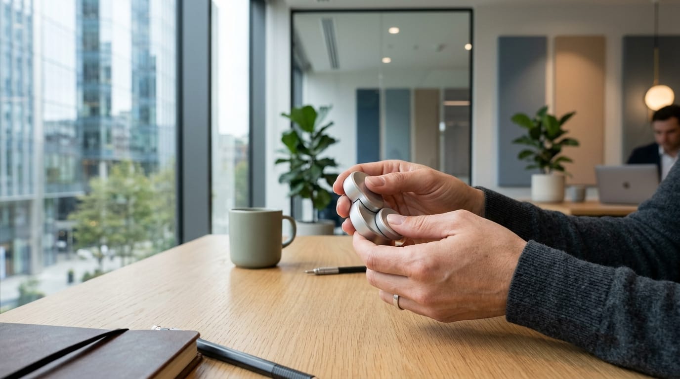 Professional desk setup with a silent, sleek fidget tool illustrating the hand-brain-emotion axis in a corporate setting.