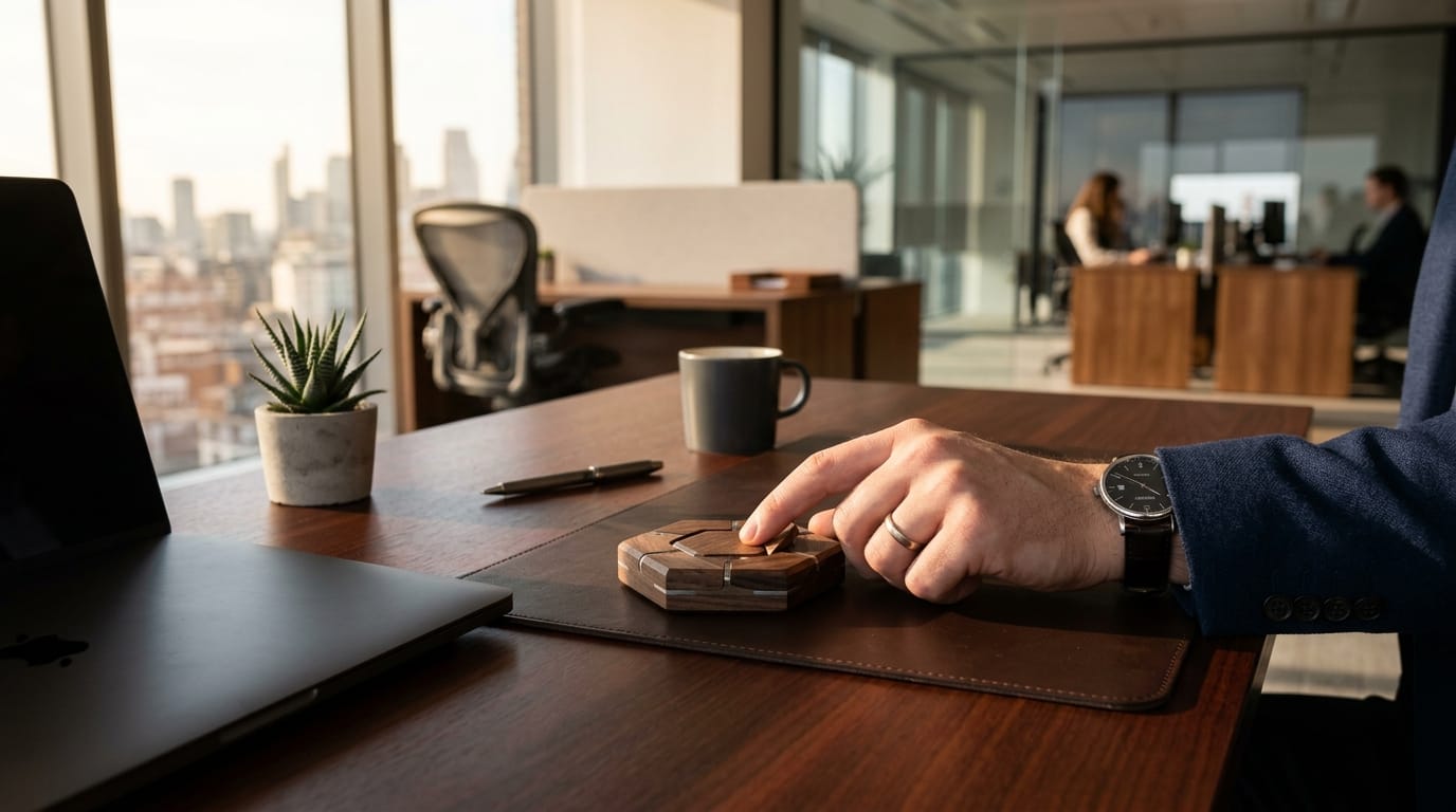 A professional using a silent magnetic fidget toy for focus and stress reduction in a modern office.